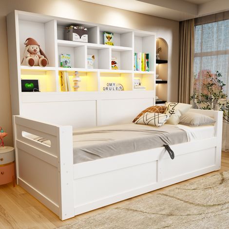 Schlafsofa 90x200 cm Weiß aus MDF mit Stauraum, LED-Beleuchtung und Steckdosen (1/5)