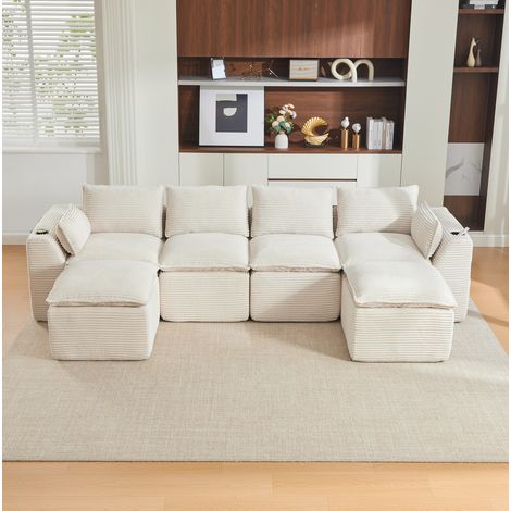 Modulares Sofa 4-Sitzer mit 2 Hockern, Kissen, Getränkehalter und 2 Seitentaschen, in Cordvelours beige (1/5)