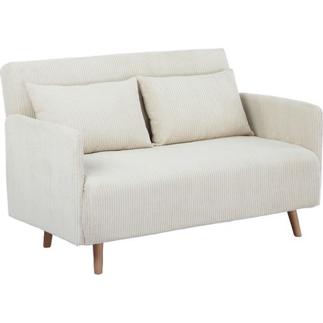 Canapé convertible 2 places en velours côtelé pieds bois clair - Beige - Belushi (1/5)