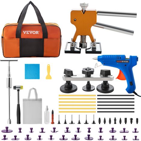 VEVOR Kit Debosselage Carrosserie 60PCS Outil Debosselage sans Peinture avec Extracteur Dore et Pont Kit de Reparation de Bosses Marteau Coulissant Pistolet a Colle 1 Sac Surfaces Metalliques Voiture