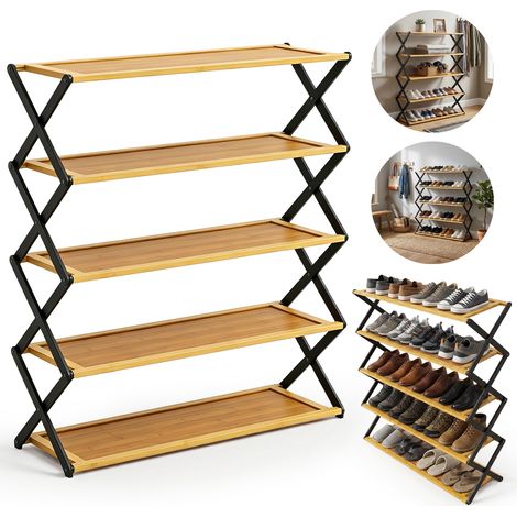 Meuble à chaussures en bambou à 5 niveaux – Pliable, gain de place, aucun montage requis – Étagère en bois pour couloirs, entrées, chambres et salons (1/5)
