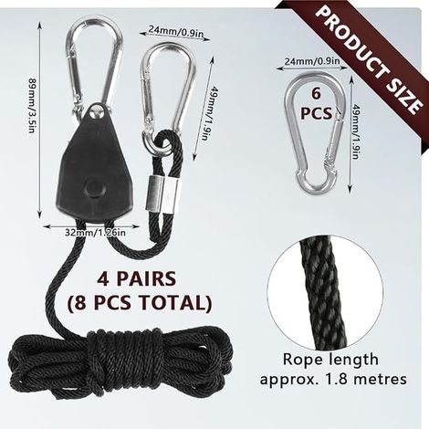 Ratchet with Hook Rope Tensioner Ratchet Grow Tent Camping Ropes 1/8" Shade Sail Attachment with Carabiners (1/4)
