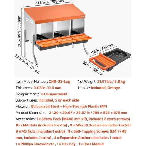 VEVOR Chicken Nesting Boxes, 3 Compartments, with Support Legs, Easy Egg Collection, Galvanized Steel and High-Strength Plastic, Roll Away Nesting Boxes for Chickens and Hens Laying Eggs, Orange (1/4)