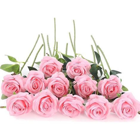 12 rose artificiali, 53 cm, rose artificiali a stelo lungo singolo, fiori artificiali realistici per bouquet da sposa, decorazioni per casa, giardino, soggiorno, hotel e ufficio (Rosa) (1/5)