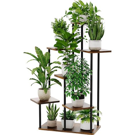 Support pour plantes d'intérieur à 7 niveaux - Escalier de fleurs en bois et métal - Étagère à plantes à plusieurs étages pour salon, balcon et couloir - Marron foncé (1/5)