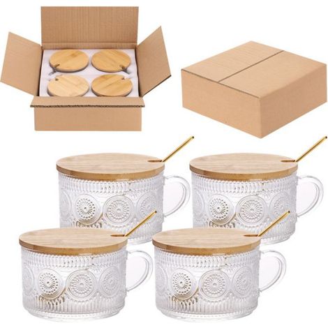 Set 4 Tasses Verre Vintage 450ml, Cuillères Couvercles Bambou, pour Thé Latte Cappuccino Céréales Label (1/5)