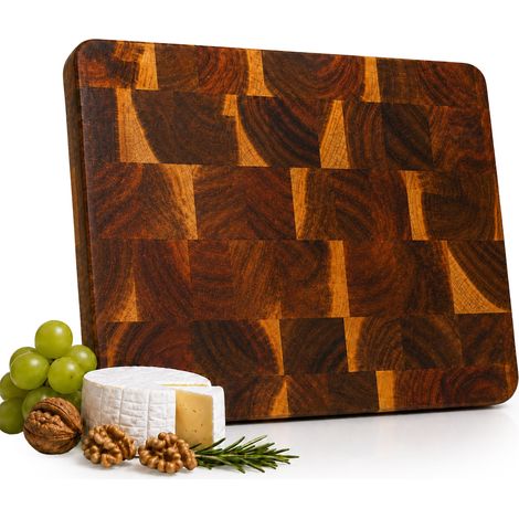Relaxdays Planche à découper, bois d'acacia, 51 x 36 cm, découpe et service, 3 cm, bords arrondis, naturelle (1/5)