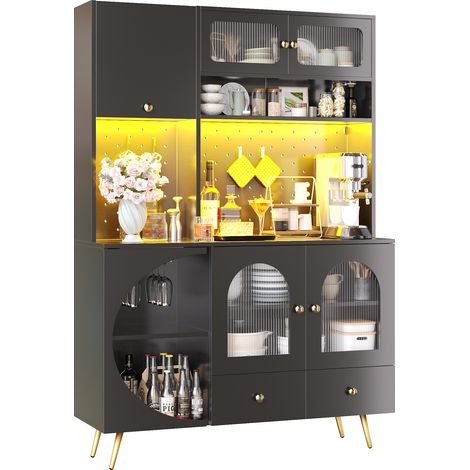 Buffet haut de cuisine noir avec éclairage LED, armoire de rangement avec prises et ports USB, 120x40x176cm (1/5)