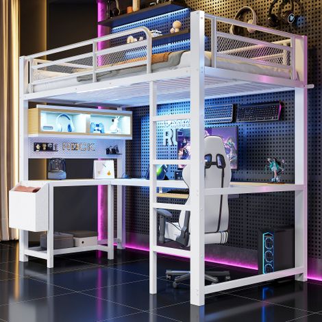 ModernLuxe - Lit mezzanine en métal 90x200 cm - bureau et rangements - LED et port de chargement - Blanc (1/5)