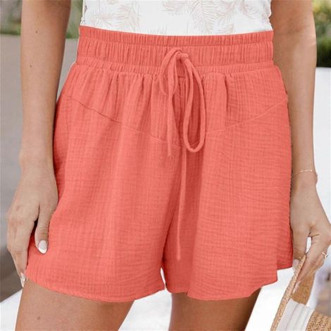 Short femme, coupe ample, taille haute, jambes larges, lacé, uni, décontracté, pour été (1/5)