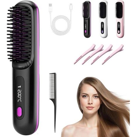 Mini brosse lissante sans fil rechargeable - 3 températures avec écran LED - Anti-brûlure - pour tous types de cheveux (1/4)