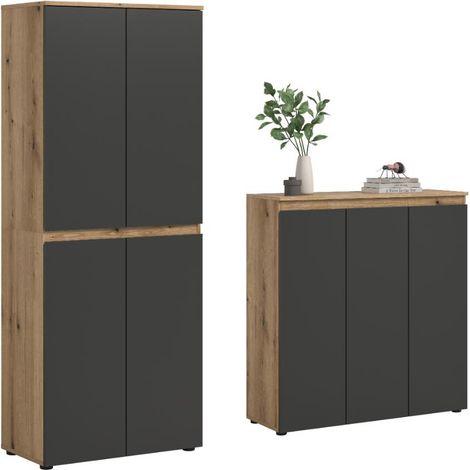 Scarpa Schlafzimmer-Set Kleiderschrank und Sideboard, 7 Türen Eiche Dekor, Anthrazit.