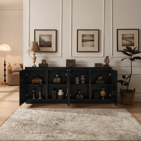 Credenza nera con ante a V scanalate, in legno massello e MDF (1/5)