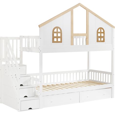 Letto a castello 90x200 cm con finestre, 2 cassetti e scala contenitore, pino/MDF, bianco naturale (1/5)