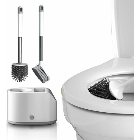 Brosse Toilette - Brosse Nettoyage 2 En 1 - Tete Flexible Silicone Et Tete Plate Pour Cuve Et Rez - Support Mural Sans Perçage - 1 Pièce