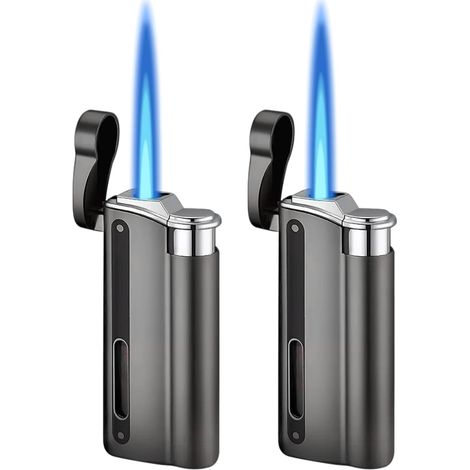 Lot de 2 briquets tempête à gaz rechargeables avec fenêtre visible - Coupe-vent pour cheminée, four (noir, vendu sans gaz) (1/5)