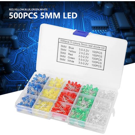 Kit 500 diodes LED 5mm assorties rouge jaune bleu vert blanc pour éclairage et projets électroniques (1/5)