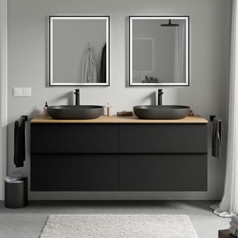 BERNSTEIN - Meuble sous vasque suspendu salle de bain MDF Noir mat, plan vasque Chêne miel, poignée métal Noir mat - 160x46x62cm - LAVOA Noir mat, Noir mat, Chêne miel doré