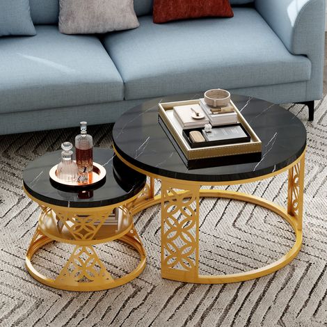 Nesting Tische Metall Schwarz-Gold 2er-Set, Marmoroptik, 70 cm, platzsparend