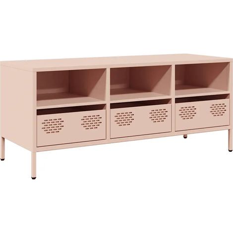 Meuble TV industriel rose 101,5 x 39 x 43,5 cm 3 compartiments et 3 tiroirs en acier laminé à froid