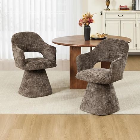 Wahson Esszimmersthl 2er Set aus Chenille, Moderner Drehstuhl mit Ausschnitt-Lehne, Polsterstuhl mit Armlehnen, Dunkelbraun