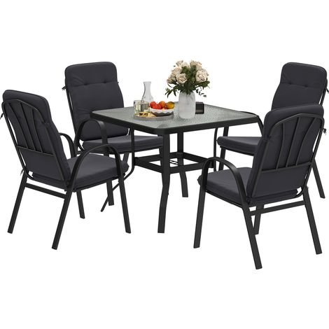 Outsunny Garden Dining Set, Glass Table w/ Umbrella Hole Black (1/5)