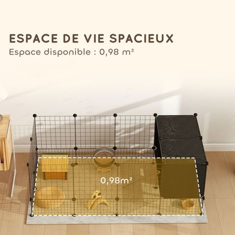 Enclos pour petits animaux, cage à lapin modulable 31 panneaux avec niches surélevées, en acier, 140x70x52cm, noir (1/5)