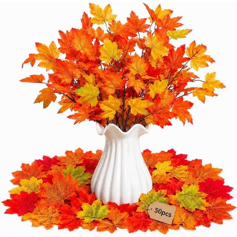 Künstliche Herbstblätter Deko Set mit 6 Ahornzweigen & 50 Blättern (1/5)