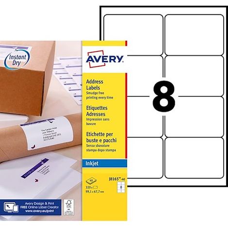 Etiquettes adresses jet d'encre 99,1 x 67,7 mm Avery J8165-40 - Pochette de 320 (1/4)