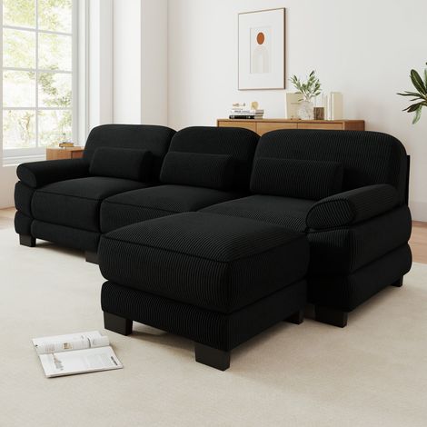 Sofá modular en L 3 plazas con puf - 265x161x94 cm sofá de salón de pana estilo moderno - Negro (1/5)