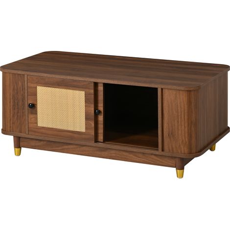 Table basse avec portes coulissantes en rotin, MDF effet bois, coin arrondi, espace de rangement, couleur noyer (1/5)