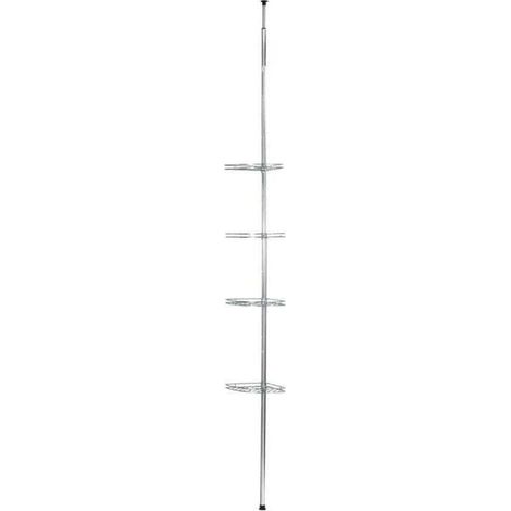 Etagère de salle de bain télescopique Prea, 4 Paniers de douche, solution sans perçage, fixation par torsion et réglable en hauteur, Acier Inox, 2x65-275x20 cm, Argent
