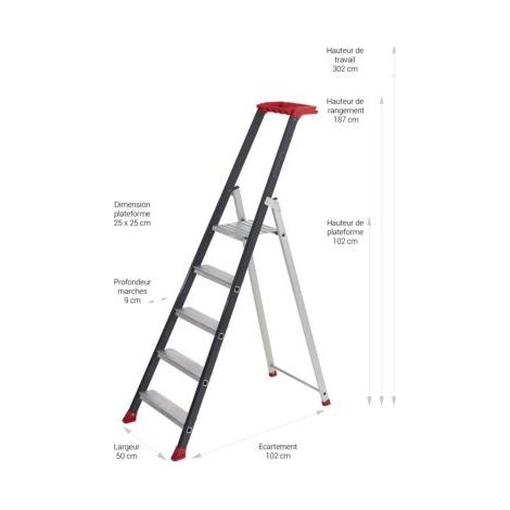 Escalux – Escabeau aluminium professionnel 5 marches – Hauteur de travail 3,02 m – Sabots antidérapants interchangeables – Conforme norme EN 131 (1/4)