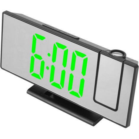 Réveil numérique à projection avec chargement USB, luminosité automatique, écran miroir LED, boîtier noir, éclairage vert, idéal pour la chambre. (1/5)