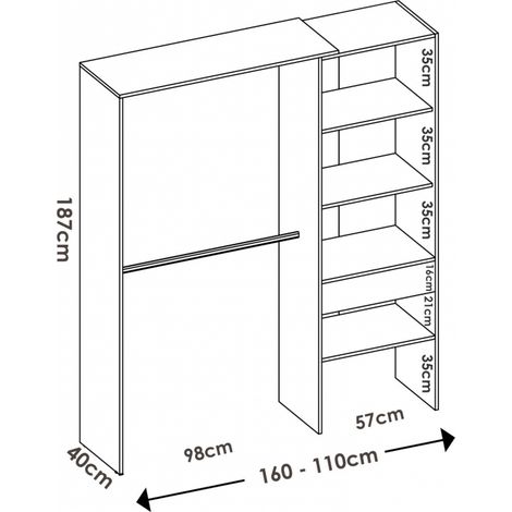 Befara – Dressing ouvert avec tiroir 160-110 cm – 3 étagères fixes 57 x 40 cm – Matériau mélamine haute résistance – Blanc