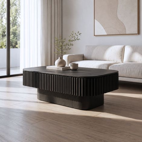Tavolino da salotto - 98 x 60 x 35 cm - contenitore nascosto coperchio rimovibile design scanalato moderno impiallacciato legno massello - nero (1/5)