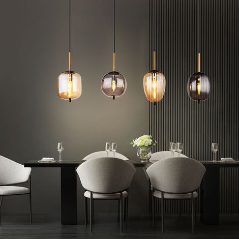 Hängeleuchte Hängelampe Pendelleuchte Pendellampe Esstischleuchte, 4 Flammig Metall schwarz amber rauchfarben, E14 Fassungen, LxBxH 110x18,5x120cm (1/5)
