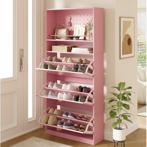 Zapatero alto (80x24x178.5 cm), con 3 compartimentos abatibles, estante abierto, tablero de partículas, rosa (1/5)