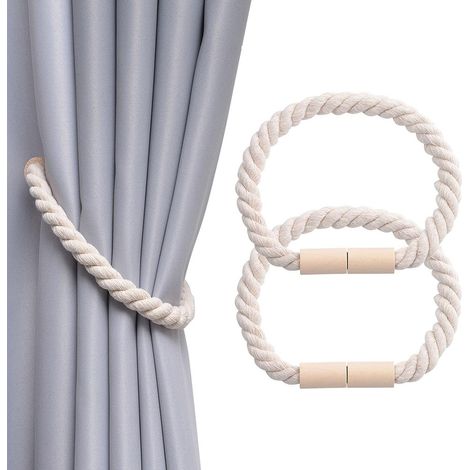 2 Stück Magnetische Vorhang Raffhalter aus Holz, Boho, Heimdekoration, drapierte Raffhalter, Baumwollseil, Vorhanghalter für Zuhause und Büro - Beige 01 (1/5)