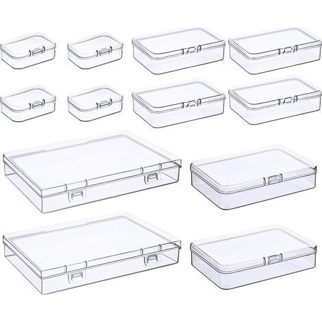 12 Storage Boxes, 4 Sizes, Clear Plastic, Hinged Lid, For Beads, Jewelry, and Crafts (1/5)