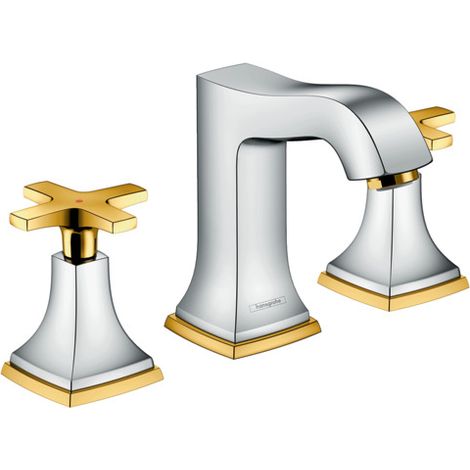 Metropol Classic Mezclador cromado/oro de lavabo de 3 agujeros 110 de crucetas con vaciador automático (1/4)