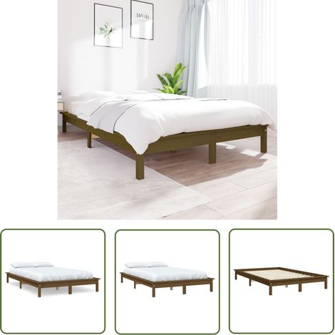 The Living Store Cadre de lit sans matelas marron miel 140x190 cm bois massif - Cadre De Lit - Lit Double - Bois Massif - Lit En Bois - Chambre À Coucher (1/5)