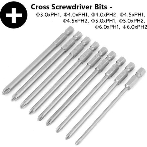 9-teiliges Set, 6,35 mm Sechskantschaft, Kreuzschraubendreher, Kopfschraubendreher-Set, Elektrowerkzeug, Länge 150 mm