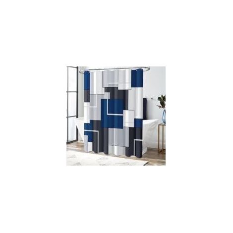 Rideaux de douche bleus, ensembles de rideaux de douche à motifs géométriques modernes, rideaux de douche bleu marine style milieu du siècle, rideaux de douche blancs et gris à motif gaufré tissé indi (1/4)