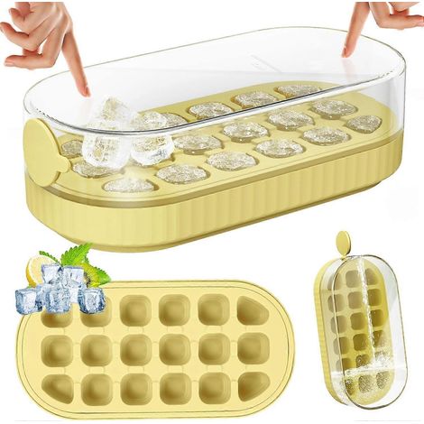Bac à glaçons avec couvercle et boîte, bac à glaçons en silicone à pression pour 18 pièces, facile à démouler, remplissage rapide sans contact, pour whisky, cocktails, café, jaune (AAA) (1/5)