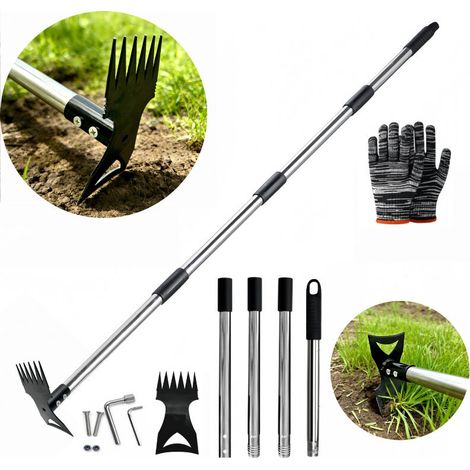 Outil 2 en 1 pour désherber, avec long manche et double tête. Outil robuste en acier au manganèse pour arracher les mauvaises herbes dans les pelouses, les cours, les terrasses et les jardins. (1/5)
