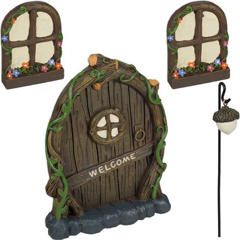 Relaxdays Porta delle Fate, Set, 2 Finestre Incantate 1 Fairy Door 1 Lanterna, Resiste Intemperie, per Tronchi, Colorato