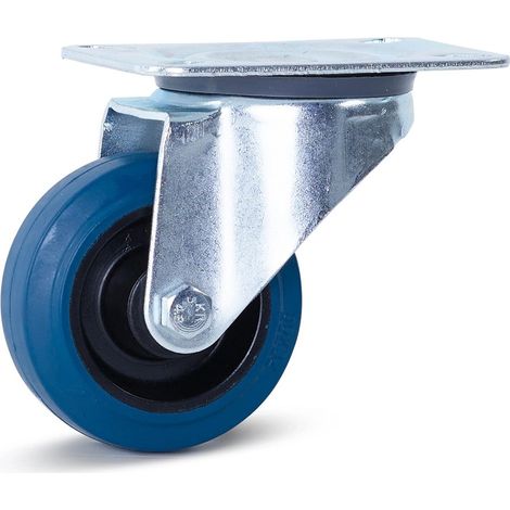Roulette pivotante - MESO - Caoutchouc élastique bleu - 80mm - 100kg - Platine