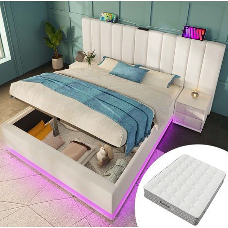 Lit double 180x200 cm en PU blanc avec LED et rangement, pour chambre, avec matelas – MEUBLIV (1/5)