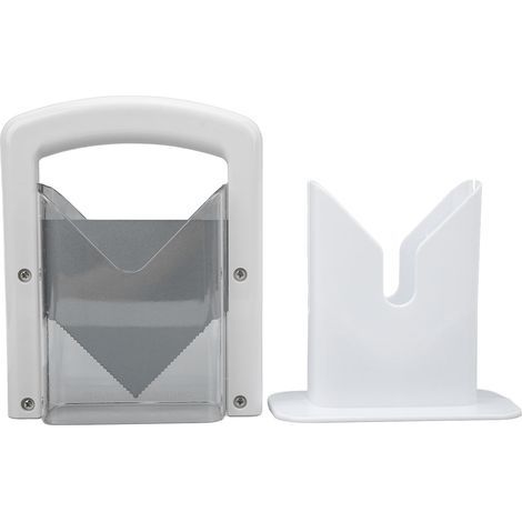 Coupe-bagels manuel en plastique blanc avec protection de sécurité et poignée ergonomique pour trancher le pain (1/5)